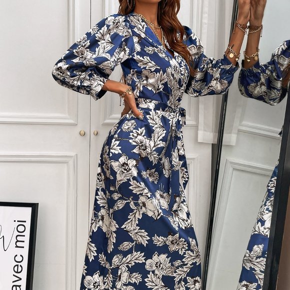 Brand New Floral Bishop Sleeve Belted Fitted Dress Navy - Picture 2 of 6